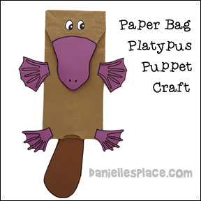 Paper Bag Platypus Puppet Craft from www.daniellesplace.com Book for preschool and elementary children with suggested platypus crafts to go along with the book on www.daniellesplace.com where learning is fun!