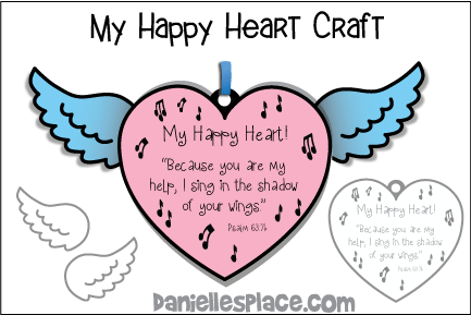 My Happy Heart Psalm 63:7 Heart with Wings Paper Bible Craft for Children's Ministry 