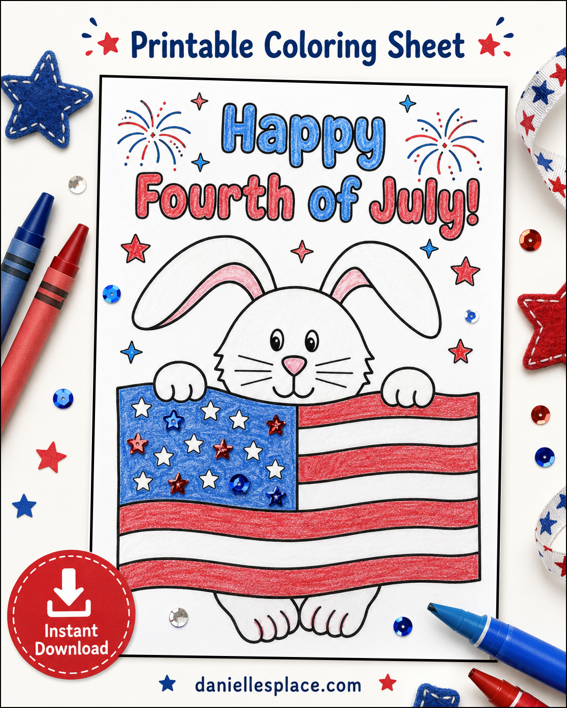 Patriotic Bunny 4th of July Activity and coloring sheet