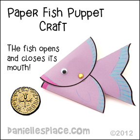 Fish puppet craft with opening and closing mouth for Peter finds a coin in the fishes mouth Bible lesson
