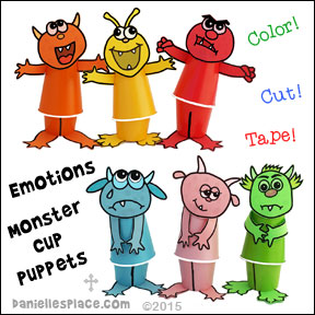 Emotions Monster Cup Puppet Craft from www.daniellesplace.com. Use this craft to go along with the children's book "Glad Monster, Sad Monster".