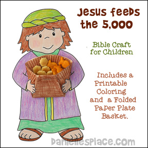 Jesus Feed the Five Thousand Bible Craft for Sunday School - Picture of boy hold a folded paper plate basket with fish and oyster crackers in it from www.daniellesplace.com.  Click on the picture to go to Danielle's Place to get this pattern.
