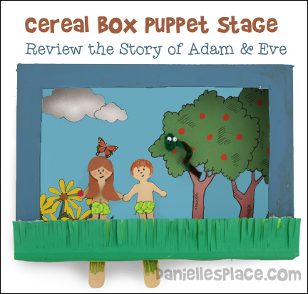Story of Creation Cereal Box Puppet Stage - Use this craft to review the story of Adam and Eve in the Garden of Eden - Find out how to make this puppet stage, puppets, and snake on www.daniellesplace.com