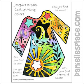 Search and Find Joseph's Colorful Coat Coloring and Activity Sheet - Children find objects from Joseph's Dream - sun, moon, stars, wheat sheaves. From www.daniellesplace.com