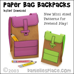 Paper Bag Lunchbag Craft for Children from www.daniellesplace.com - Use these adorable backpacks for learning activites, preparing for school, and libary programs. Click on the image to follow the link.