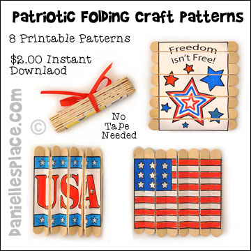 Patriotic Folding Craft Stick Printable Patterns for the Fourth of July Craft - 8 Different Instant Downloadable Patterns. Just color and glue them to craft sticks, then cut and fold. For complete directions go to www.daniellesplace.com or click on the image and follow the link. ©2015