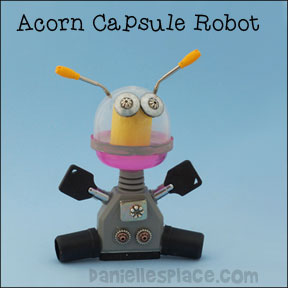 Robot Craft for Children using Acorn Capsules - These robots cost less than twenty cents to make. Use recycled parts.