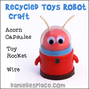 Recycled Toys Robot Craft from www.daniellesplace.com - made from recycled toys, acorn capsuleand  eletrical wire.