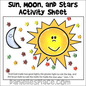 God Created the Sun, Moon, and Stars Activity Sheet for Sunday School from www.daniellesplace.com