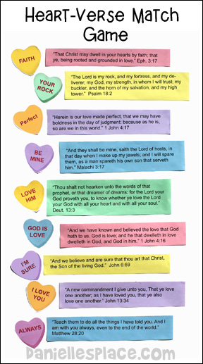 Valentine's Day Bible Game - Match the Candy Hearts to the Verse Game from www.daniellesplace.com