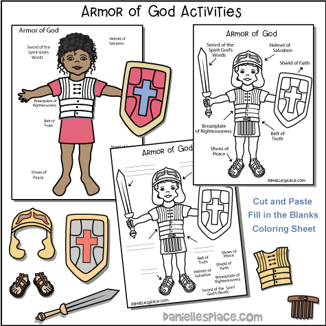 Armor of God Crafts and Activities, Armor of God Coloring Sheets both boy and girl, Cut and paste the armor pieces activity sheet