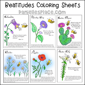 Beatitudes Bible Coloring Sheets with Bee and Flower Theme