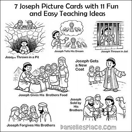 Seven Printable Picture Cards with ten fun teaching ideas on how to use the cards for you lesson about Joseph