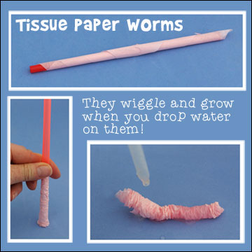 Worm Craft - Make Tissue Paper Worms, drop water on them and watch them wiggle and grow - from www.daniellesplace.com