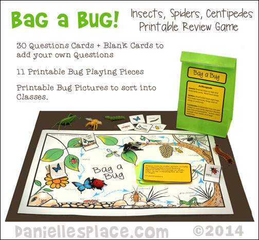 Bag A Bug - Insect, Spider, Centipede Prinatable Review Game and Sorting Activity from www.daniellesplace.com where Learning is Fun!