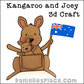 Austria Day Craft - Kangaroo and Joey Holding Australian Flag 3D Paper Craft from www.daniellesplace.com where learning is fun! Great for homeschool unit study on Australia or Australia Day