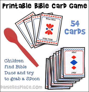 Bible Duos Matchup Printable Card Game for Children's Ministry - This is a great game to play with large groups. Played like the classic game of Spoons, children try to grab a spoon as soon as one player finds a match and grabs a spoon. The child who doesn't get a spoon is out. The child that finds the match explains how the dou is related.
