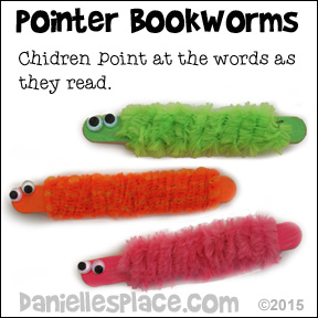 Learn to Read Bookworm Pointers Craft for Children from www.daniellesplace.com - Children use these adorable craft stick bookworms to point to words as they read. Copyright 2015 - Digital by Design, Inc.