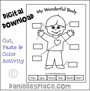 My Wonderful Body Printable - Cut, paste and color Activity sheet from www.daniellesplace.com