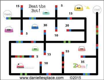 "Beat the Bot" Addtional and Multipliaction Reveiw Game with Ozobot - Children try to add up or multiply all the numbers before Ozobot reaches the finish line - Printable game sheets available on www.daniellesplace.com. Click on the image to go to Danielle's Place.