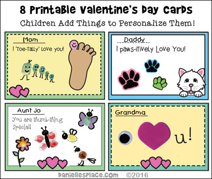 Printable Valentine's Day Cards Children Can Make - Children add things to each card to personalize them for their loved ones. Go to www.daniellesplace.com/html/valentine-crafts-page-2.html for directions.
