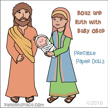 Boaz and Ruth Holding Baby Obed Paper Dolls or Stick Puppets - Craft for Sunday School or Children's Ministry from www.daniellesplace.com