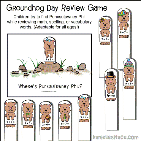 Groundhog Day Printable Review Game for Children - Where's Punxsutawney Phil - Children review math facts, spelling, or vacabulary with this fun interactive game from www.daniellesplace.com.
