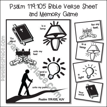 Psalm 119:105 Bible Verse Sheet and Memory Game for Sunday School, Bible Craft, Game for Children
