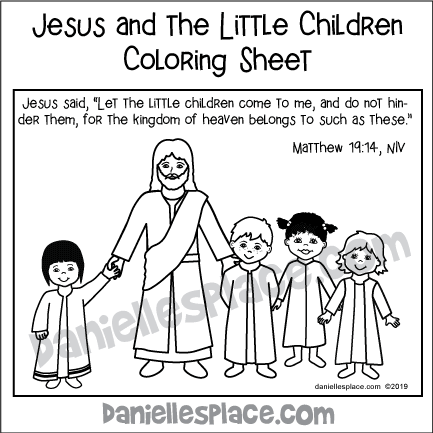 Jesus and the Little Children Bible Coloring Sheet with Bible verse