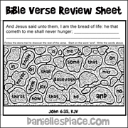 John 6:35 - Never Go Hungry - Woman at the Well Bible Verse Review Activity Sheet
