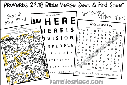 Proverbs 29:18 Bible Verse Review Activity Sheets, Search and Find, Crossword Puzzle, Vision Chart