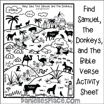 Find Samuel, the Donkeys and the Bible Verse Activity Sheet in both KJV and NIV